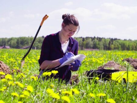 Ecologist marking something on paper while looking at biodiversity in a field