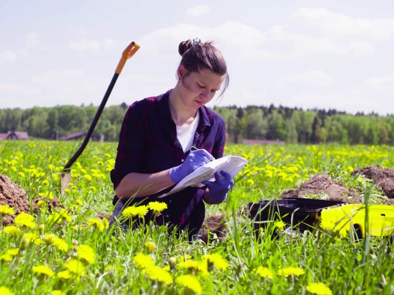 Ecologist marking something on paper while looking at biodiversity in a field