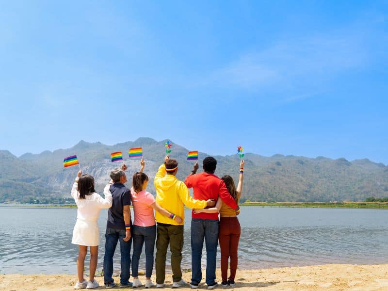 Image of group of people waving rainbow flags looking over water