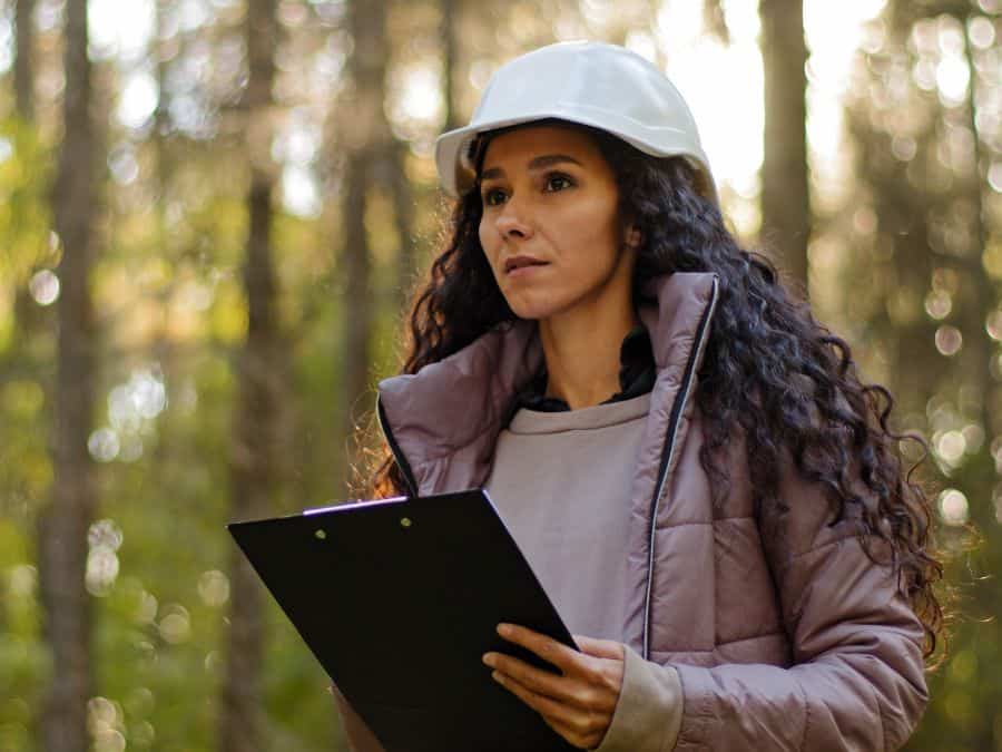 Woman forester wearing a hard hat and holding a clipboard