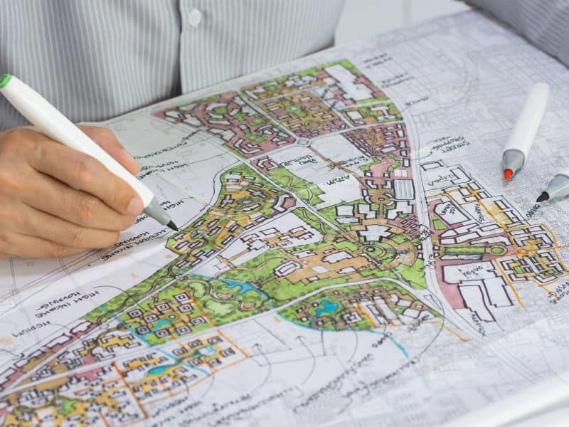 Person editing a town planning map