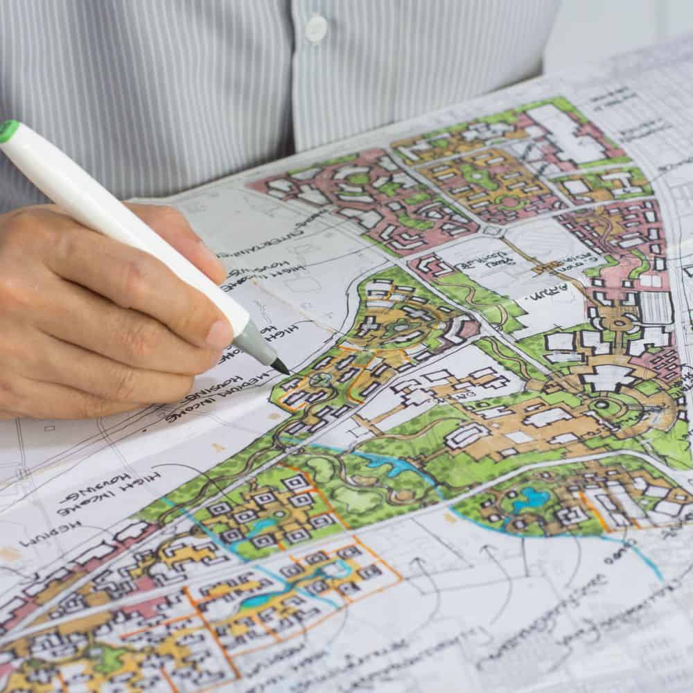 Person editing a town planning map