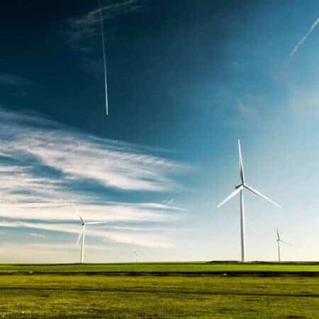 Image of a wind turbine in a field with blue skies