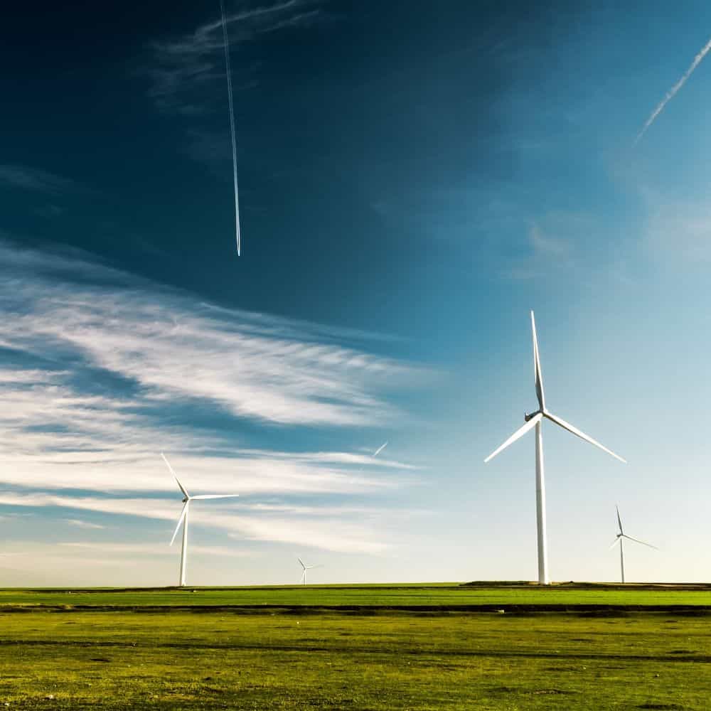 Image of a wind turbine in a field with blue skies