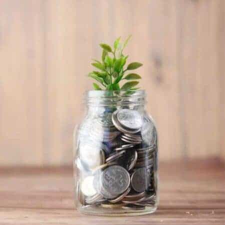 Image of money change in a jar with a leaf at the top