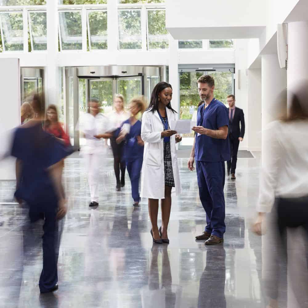 Hospital workers in the foyer