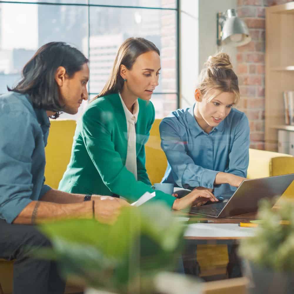 A group of three professionals are looking at a laptop