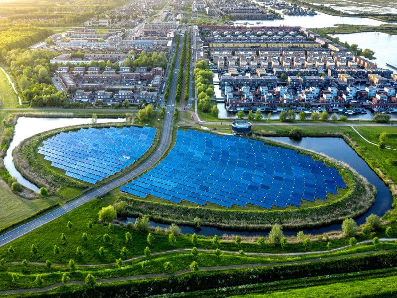 Sustainable town with solar panels