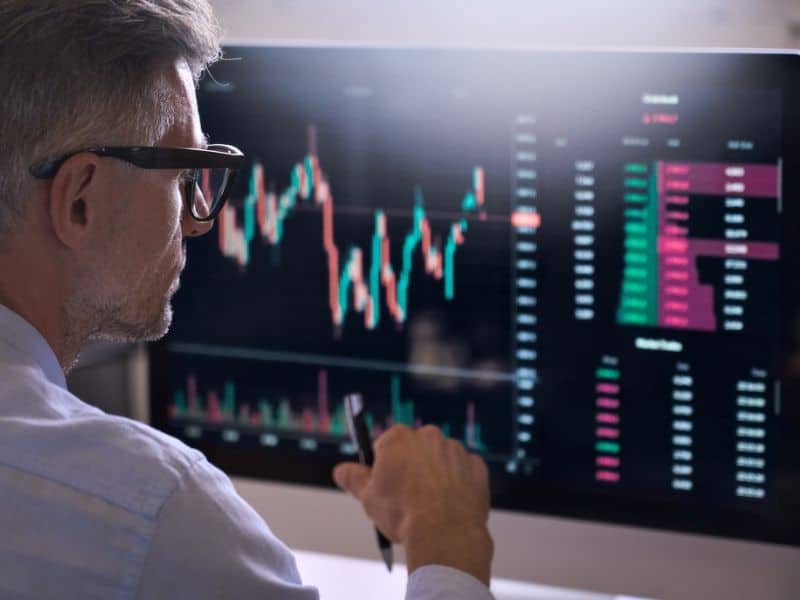 Sustainable finance advisor looking at a graph on a computer screen