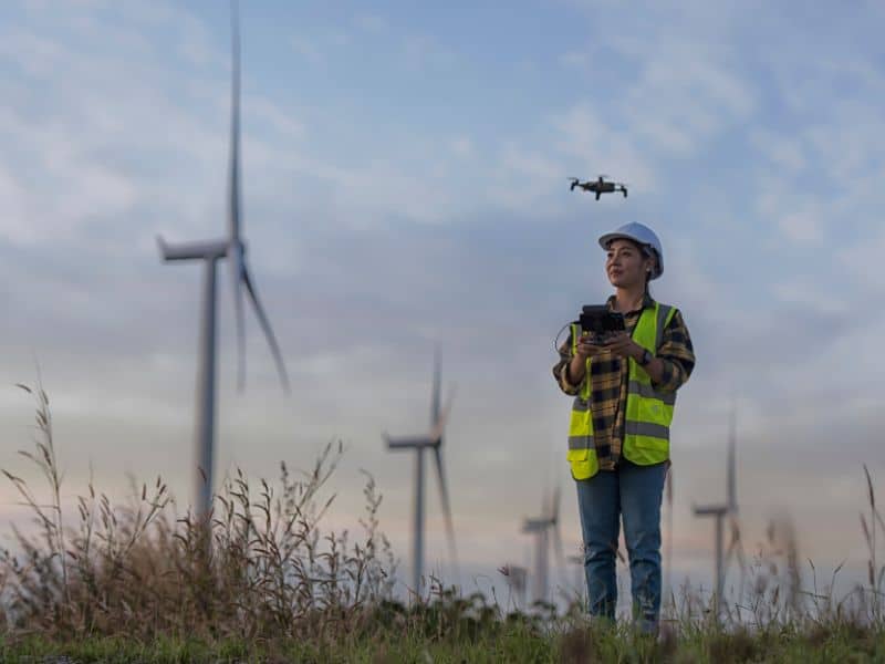 Image of a woman with a drone and wind turbines