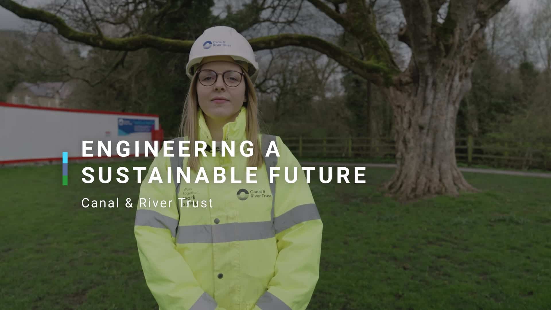 Video thumbnail for Canal & River Trust. A woman talking to the camera in a high-visibility jacket and hard hat.