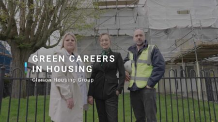 Video thumbnail image for Clarion Housing Group. Photo of the three speakers in front of a building under construction.