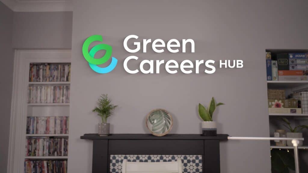 Video thumbnail - a photo of a fireplace, in between two bookshelves. The Green Careers Hub logo is at the top