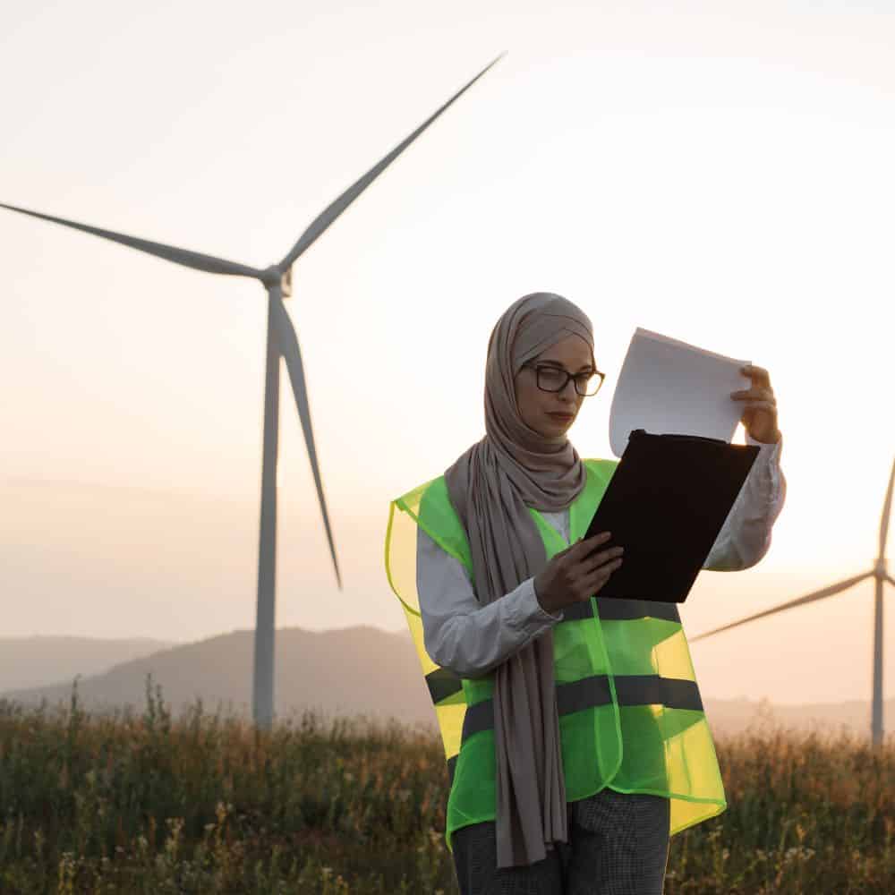 Woman in a hijab looking at a clipboard in a field with wind turbines in the background