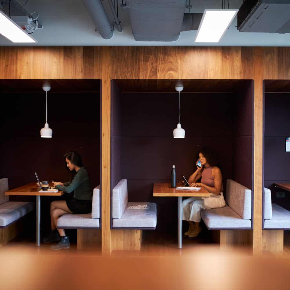 Photo of two individuals in booths in a workspace, working on their laptops
