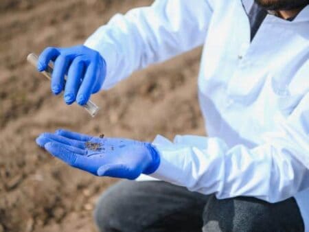 Photo of a person in a lab coat looking at soil from a test tube