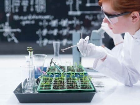 A young woman in a laboratory is looking at seedlings growing in soil. She is wearing a white lab coat.