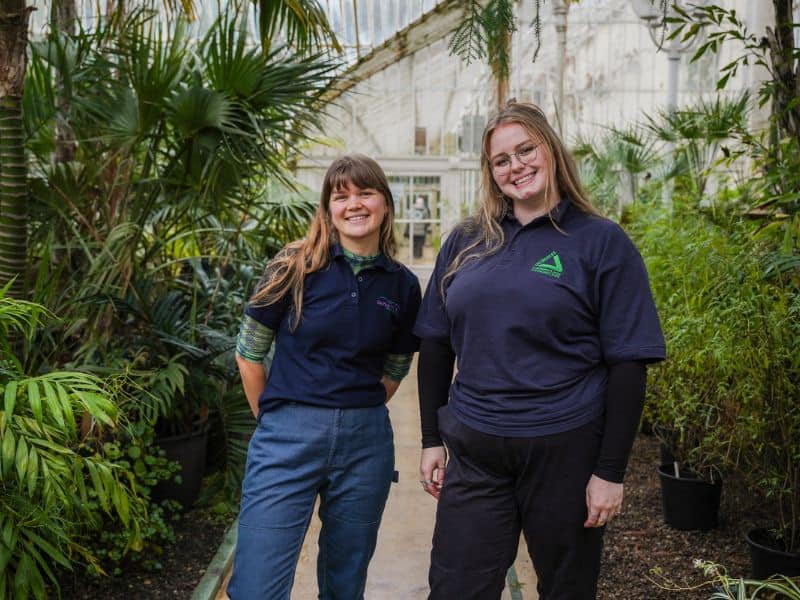 Two people standing in a greensouse with lots of plants. One individual is wearing a Groundwork t-shirt.