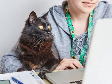 Woman sitting with a cat, both looking at a laptop screen. the woman is wearing a hidden disability lanyard