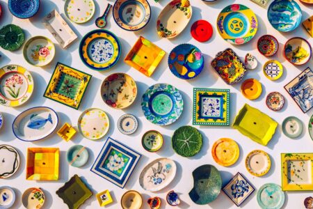Aerial photo of different ceramic bowls, in various coloured patters