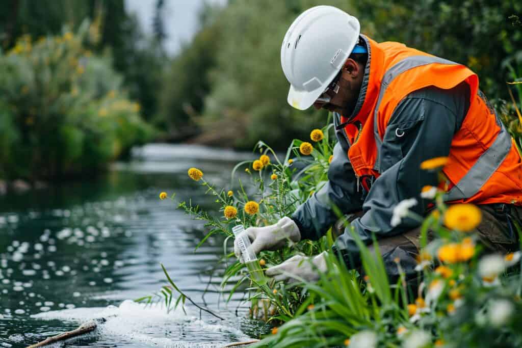 Somebody wearing a hard hat and high vis jacket tending to flowers alongside a river