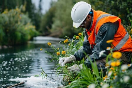 Somebody wearing a hard hat and high vis jacket tending to flowers alongside a river