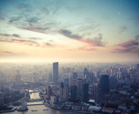 High shot of a city scene with high-rise buildings