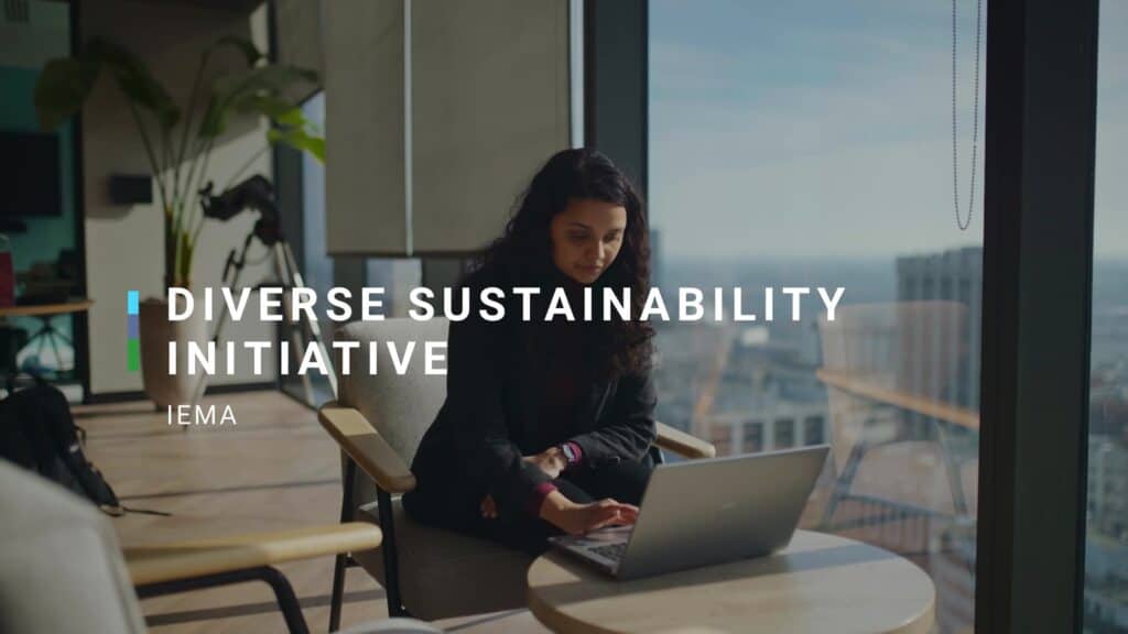 Kimberley working at a laptop in an office. Title reads: Diverse Sustainability Initiative
