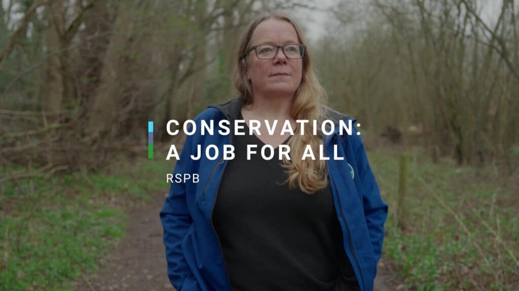 Video thumbnail - woman in a woodland area walking. Title reads: conservation: a job for all