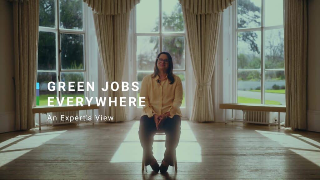 Photo of Sarah talking to camera, title reads: green jobs everywhere