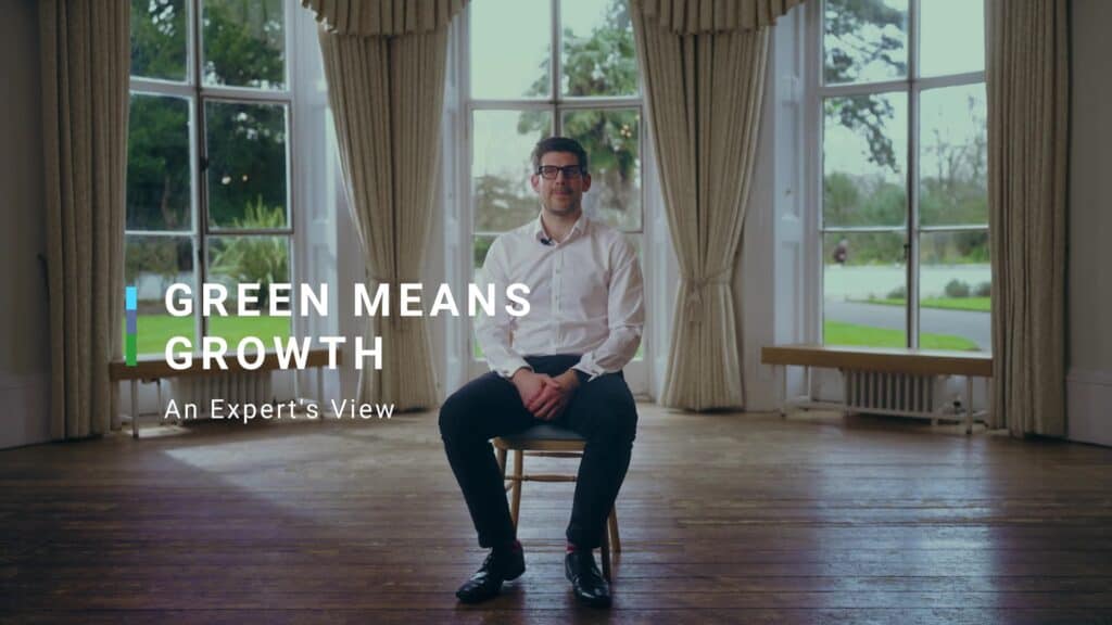 Photo of James speaking to camera. title reads: green means growth