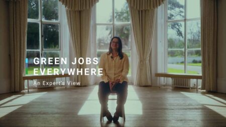 Photo of Sarah talking to camera, title reads: green jobs everywhere