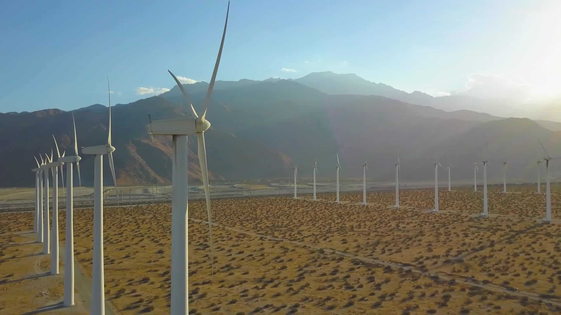 Photo of a wind turbine farm, in the sunshine