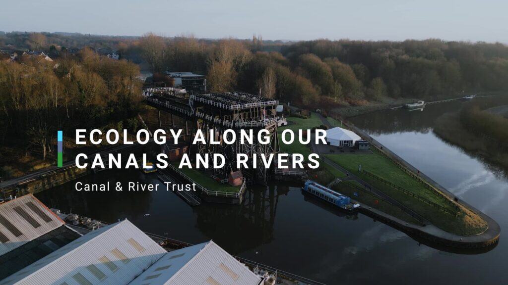 Aerial shot of canal system with screen title: ecology along our canals and rivers