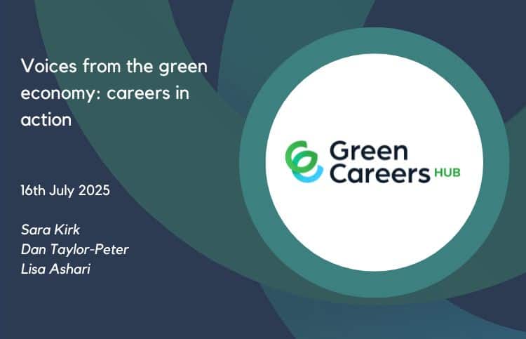 Webinar thumbnail - voices from the green economy. Blue and green background of shapes