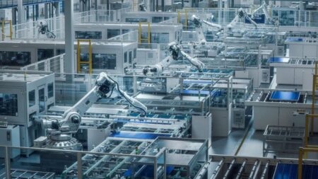 Photo of solar panels being produced in a factory