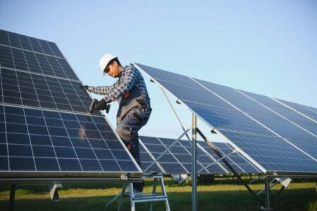 Man working on a large solar panel in a field