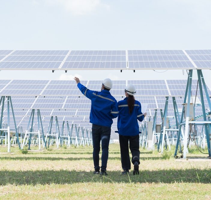 Two people walking through a solar power plant site and pointing at one of the panels