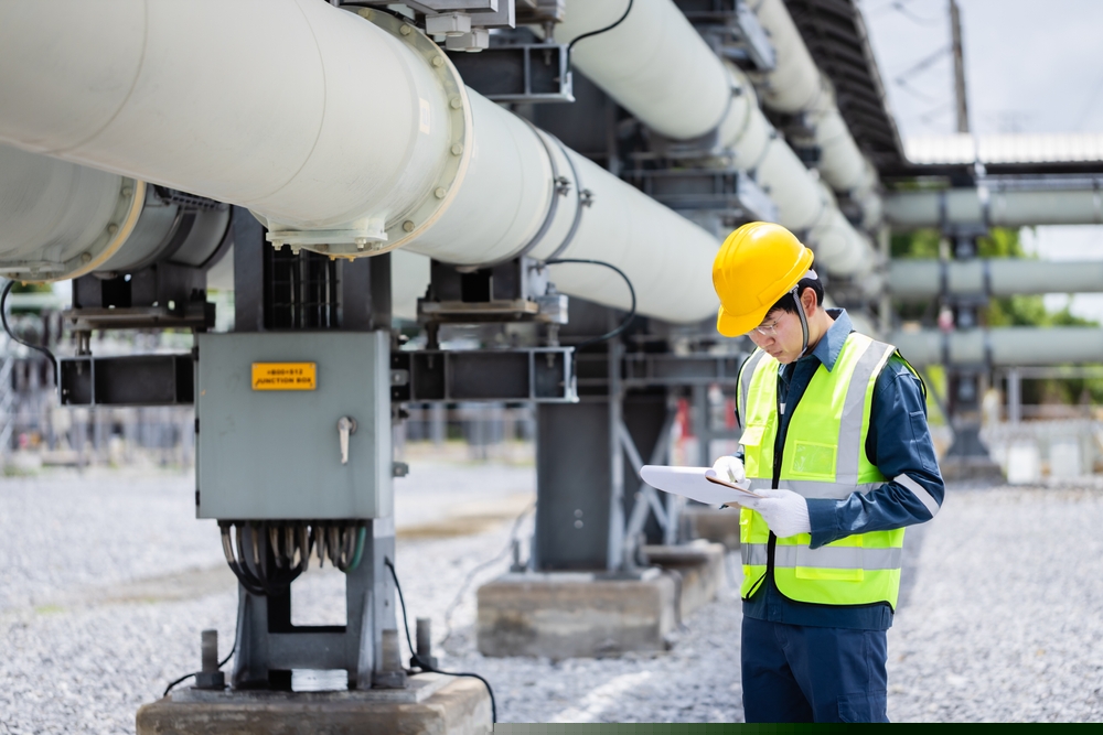 A picture of a man wearing a high vis and a hard hat, taking notes next to machinery