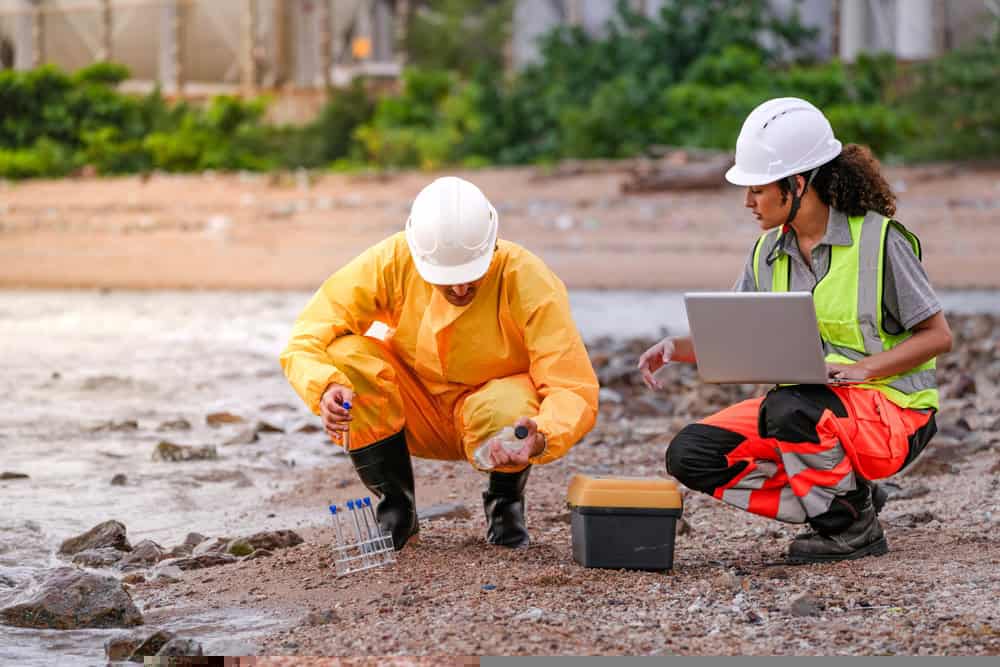 A picture of two people in protective wear, taking environmental samples of the ground