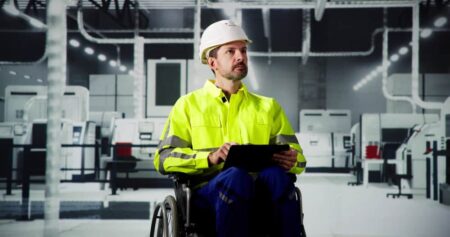 Man in a hard hat and a high-vis jacket is sitting in a wheelchair in a building
